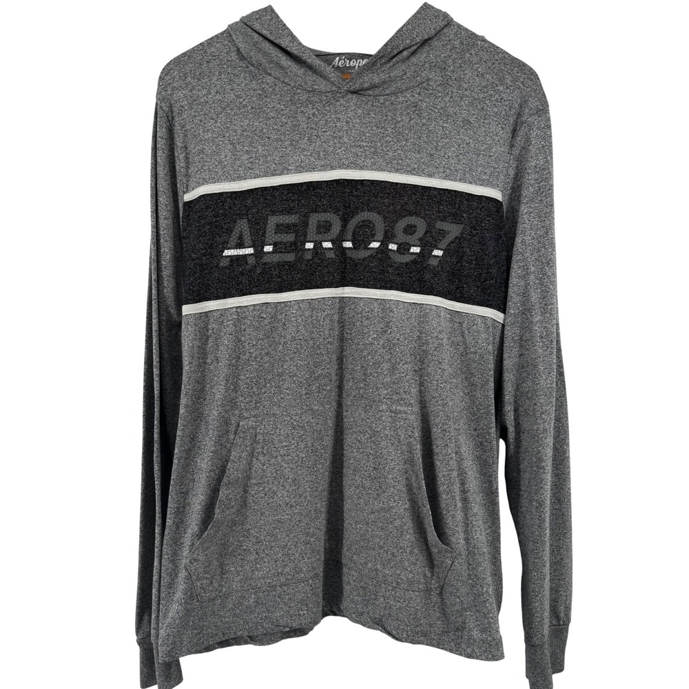 Aeropostale Mens XL Gray Graphic Long Sleeve Hooded T-Shirt Pullover pockets